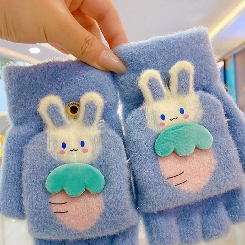 Kids' gloves Children's gloves women's winter warm thick cartoon cute rabbit half finger handwriting flip glove treasure_voghion.com