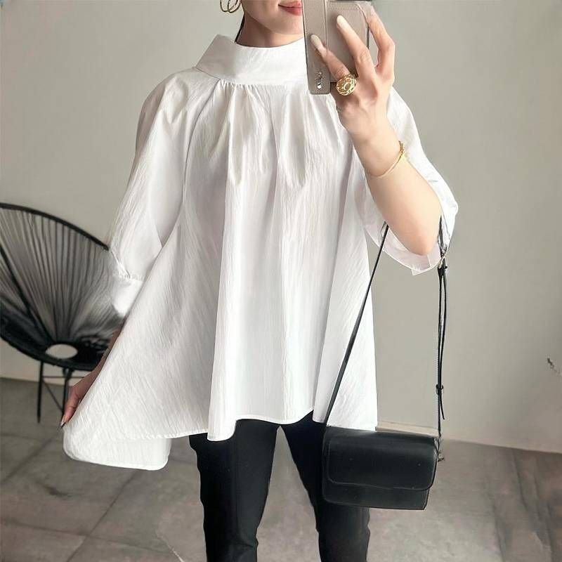 Haut chemise babydoll à manches mi-longues et col montant pour femme, nouveau style d'été_voghion.com