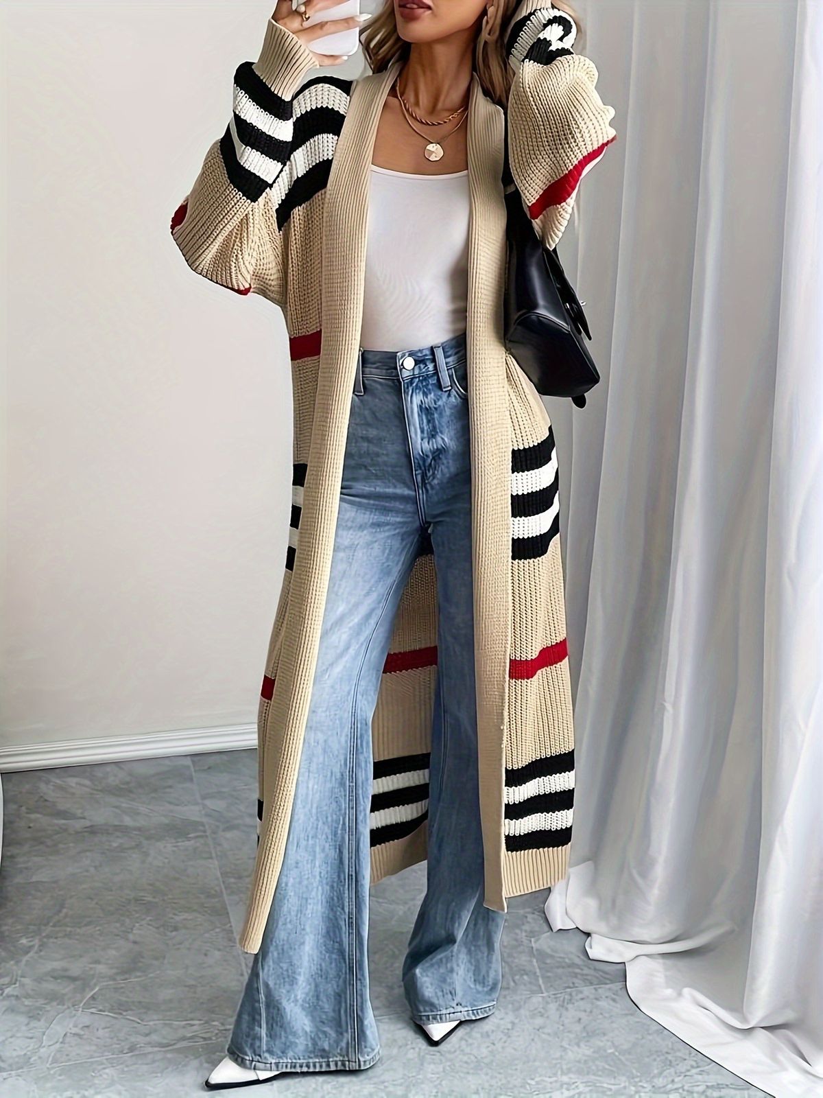 Soft Striped Knit Cardigan - Oversized Open Front Sweater With Color Block Design, Lightweight & Versatile For Women & Men_voghion.com