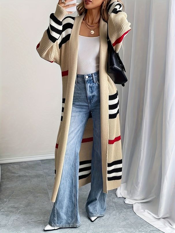 Soft Striped Knit Cardigan - Oversized Open Front Sweater With Color Block Design, Lightweight & Versatile For Women & Men_voghion.com