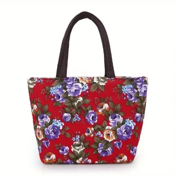 Mini Floral Print Handbag,Flower Embroidery Canvas Tote Ethnic Style Shoulder Bag, Large Capacity Handbag For Women_voghion.com