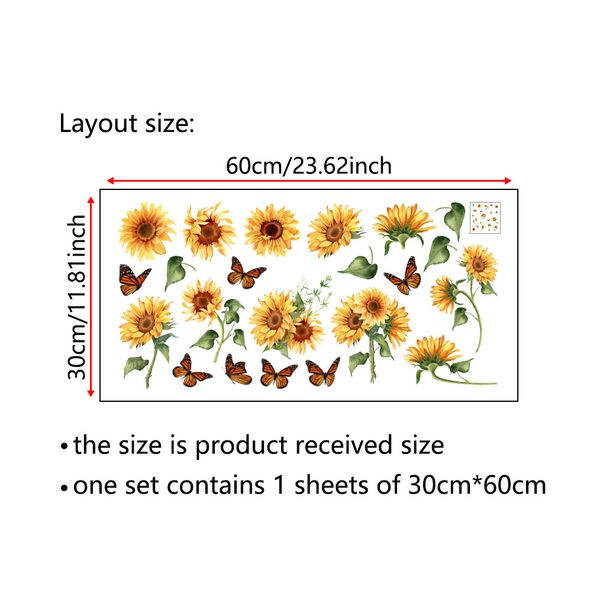 Adesivi murali in PVC opaco N1901 per decorazione di finestre della camera da letto del soggiorno con girasole estivo e farfalla_voghion.com