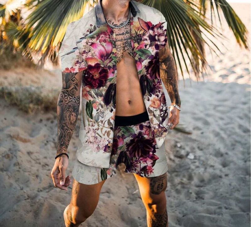 Conjunto de pantalones cortos de playa con camisa informal estampada para hombre_voghion.com