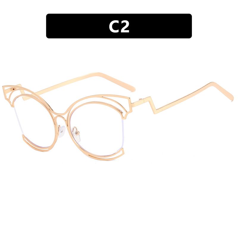 Women's Eyeglasses Folding Curved Leg Cat Eye Large Frame Hollow Flat Glasses New Metal Glasses Frame Ins Concave Shape Anti Blue Light_voghion.com
