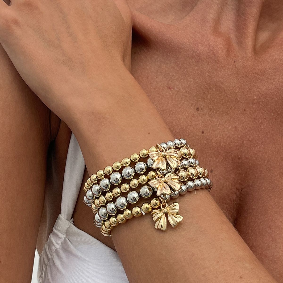 Fashion CCB Round Bead Minimally Ins Bow Pendant Stacked Bracelet_voghion.com