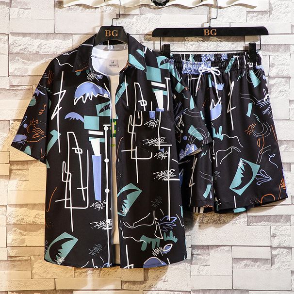 Herren Sommer Neue Große Größe Gedruckt Kurzarm Hemd Anzug Strand Hosen Sets_voghion.com