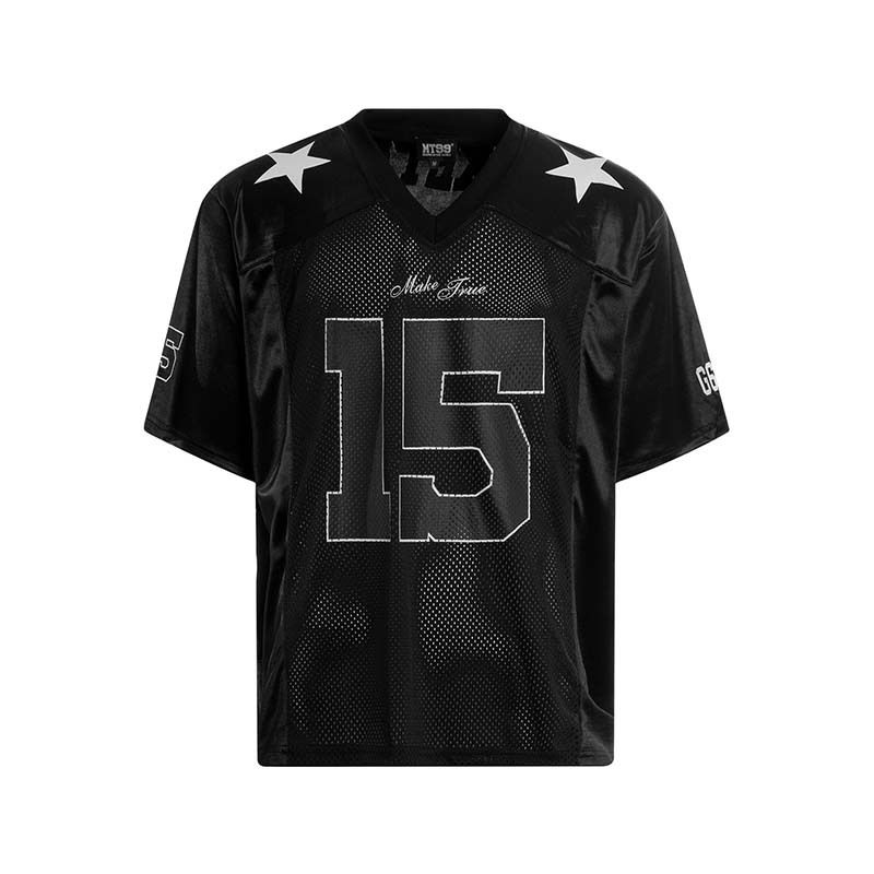 Velvet Mesh Letter Number Print V-neck Short Sleeve Jersey Men's Summer New Loose T-shirt_voghion.com