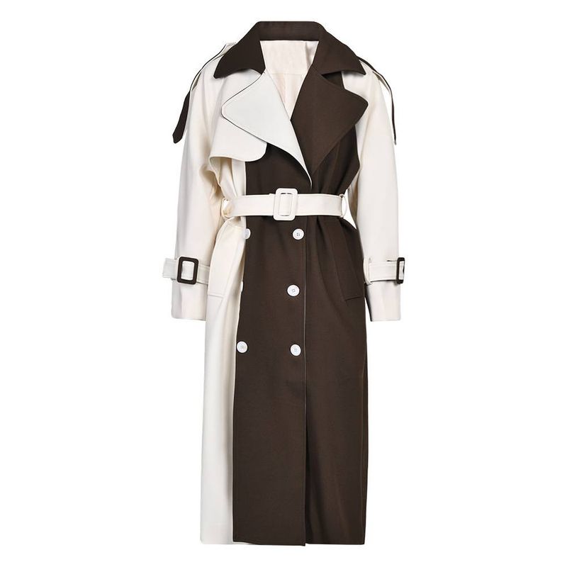 Women's Clothing casual long trench coat for women autumn new style stitching contrast color double breasted knee length slim lapel coat_voghion.com