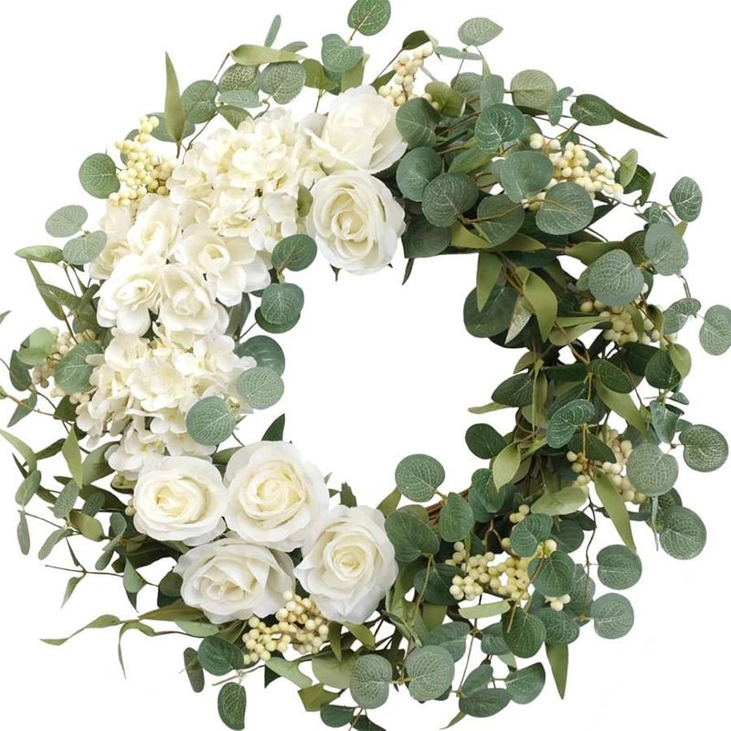 Decorațiuni artificiale de primăvară și vară, inel decorativ din ratan, eucalipt, trandafir alb, coroană de eucalipt, floare din ratan_voghion.com