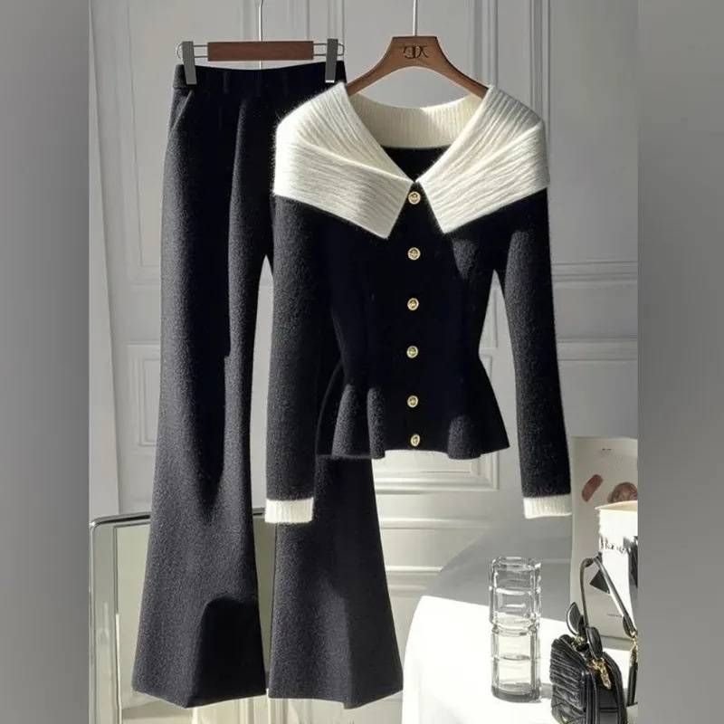 Abbigliamento da donna Sense Unique Contrast Colour Stitching Colletto Top Pantaloni a vita alta aderenti leggermente svasati_voghion.com