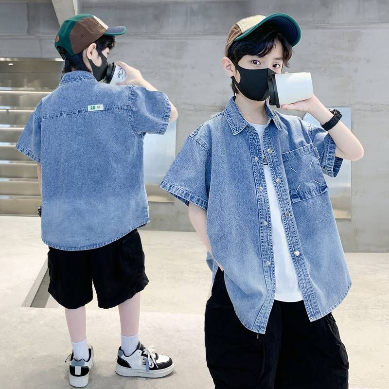 Jungen Sommer Outfit Kurzarm Denim Gradient Shirt 2025 Neue Stil_voghion.com