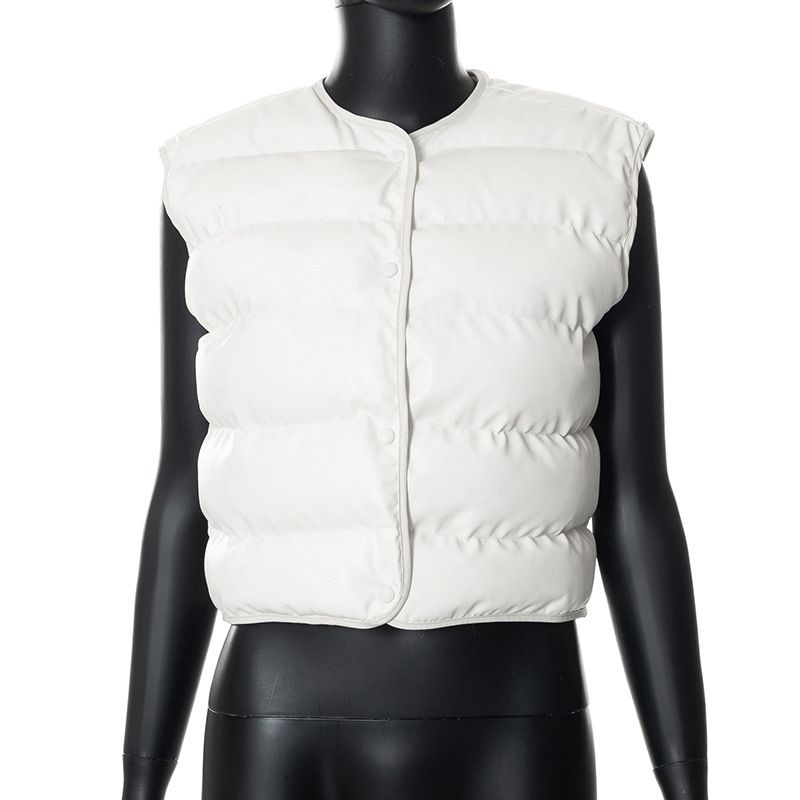 Damenbekleidung im neuen Stil, Rundhalsausschnitt, ärmellos, Knopf-Cardigan, warme Jacke, Weste, Baumwollmantel_voghion.com