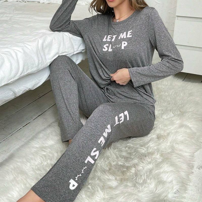 Pajama set women's home wear lettered long-sleeved tops and trousers casual two-piece set_voghion.com