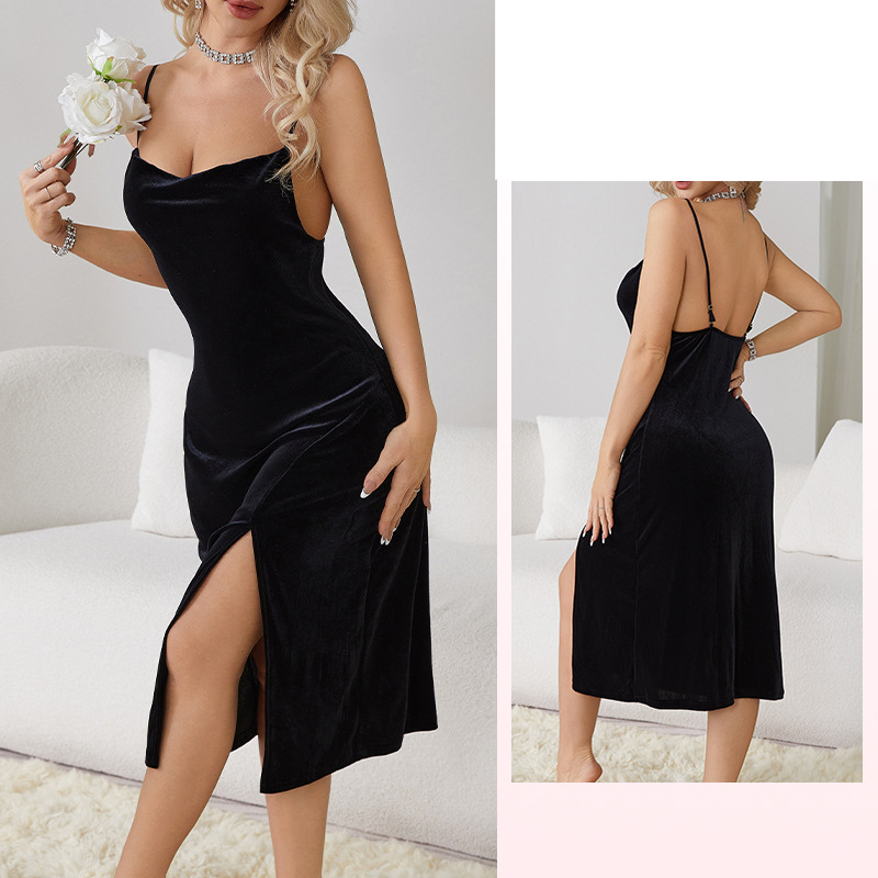 Γυναικεία Sleepwears Sexy Split Pure Desire Εξώπλατο Velvet Sweet Nightdress Απλή εξωτερική ρόμπα οικιακή στολή 651_voghion.com