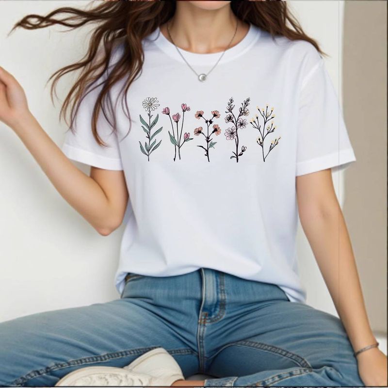 T-shirt da donna con stampa floreale, alla moda e casual, adatta per l'uso all'aperto, in casa e per le feste._voghion.com