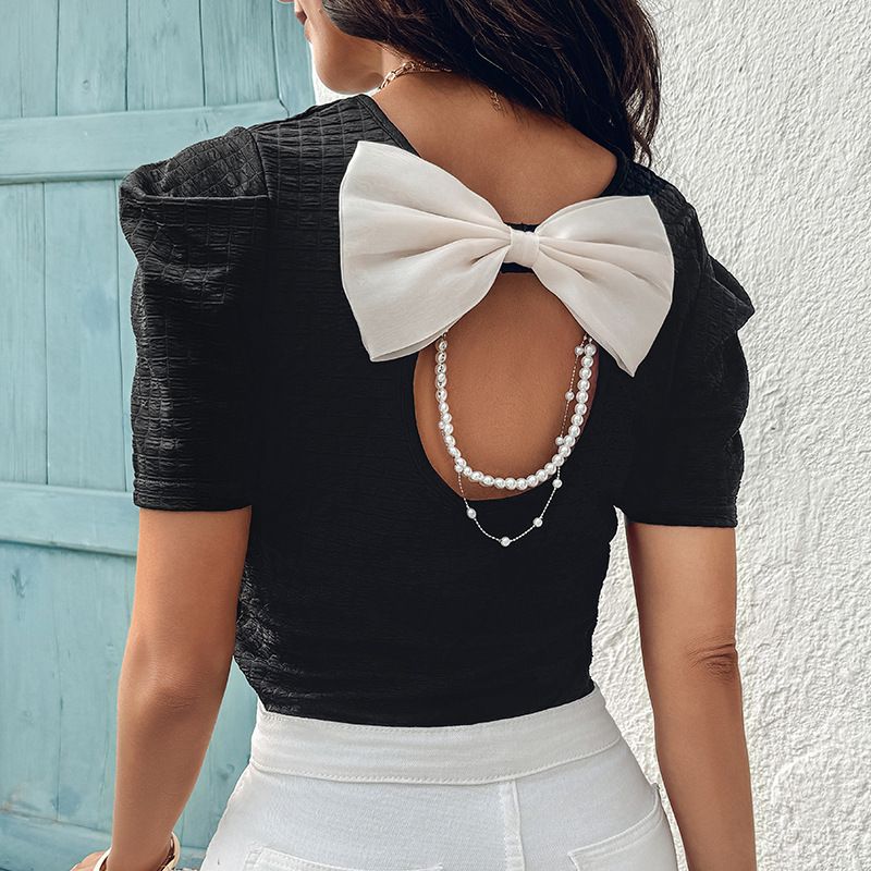 Ropa de mujer, nuevo top de manga corta con escote cuadrado, mangas abullonadas y lazo dulce en la espalda, sin espalda_voghion.com