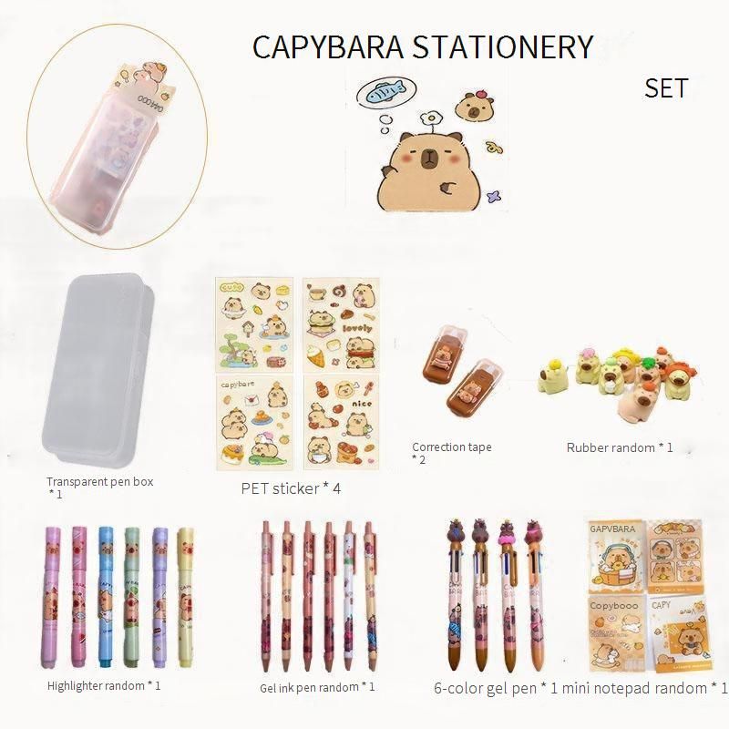 Cute Capybara Stationery Set - 12-Piece Transparent Pencil Case With Stickers & Correction Tape, Fun School Supplies For Students_voghion.com