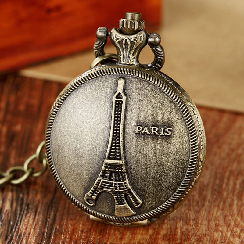 Straight Hair Paris Eiffel Tower Flip Cover Digital Face Fashion Pocket Watch_voghion.com