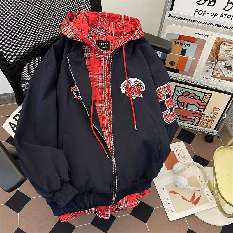 Unisex American Retro Plaid Jacket - Cleanfit Two-Piece Design, Couple Matching Workwear Coat In Khaki/Navy (M-2XL)_voghion.com