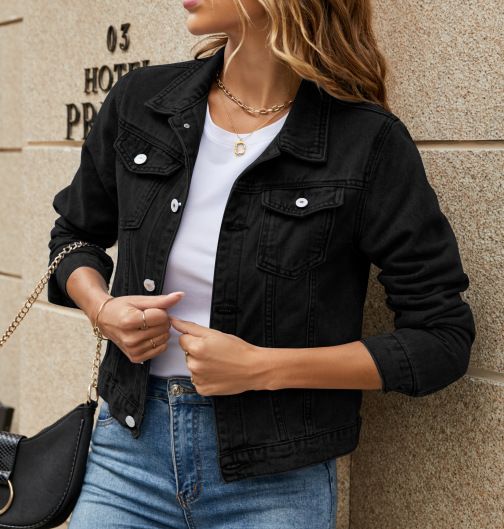 Giacca in denim slim fit con colletto rovesciato - Classico cotone elasticizzato per uomo e donna (nero, rosso, blu navy, azzurro, bianco, rosa, cachi)_voghion.com