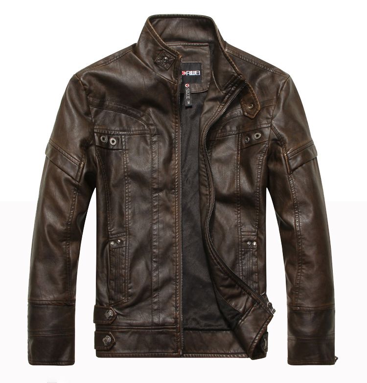 Men's motorcycle style with distressed washed leather jacket stand up collar and plush for men_voghion.com