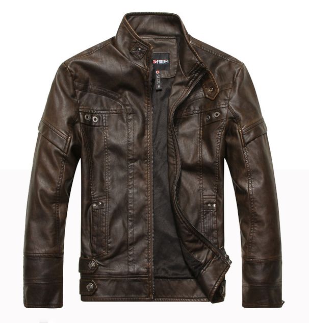 Men's motorcycle style with distressed washed leather jacket stand up collar and plush for men_voghion.com