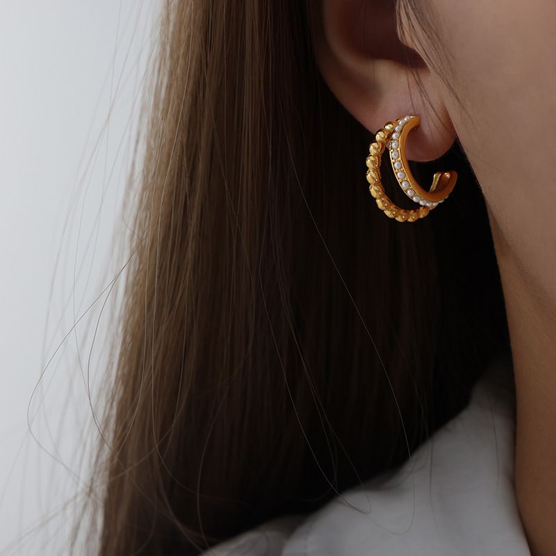 Double Hoop Earrings Titanium Steel Cubic Zirconia & Wave Design Hypoallergenic Lightweight Jewelry For Women_voghion.com