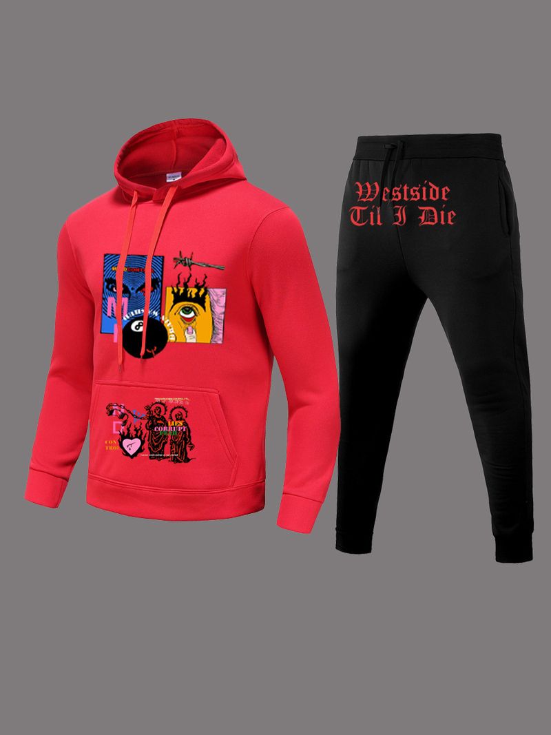 Sweat-shirt à capuche et pantalon de survêtement pour femmes, décontracté, couleur assortie, costume imprimé de dessin animé_voghion.com