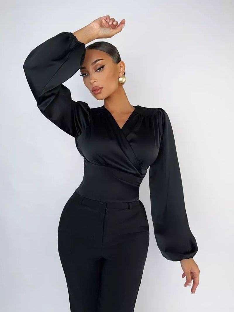 Camicetta in raso con nodo sul davanti per donna, camicia a maniche lunghe con scollo a V slim fit e fiocco regolabile, elegante abbigliamento da lavoro e da sera in tinta unita_voghion.com