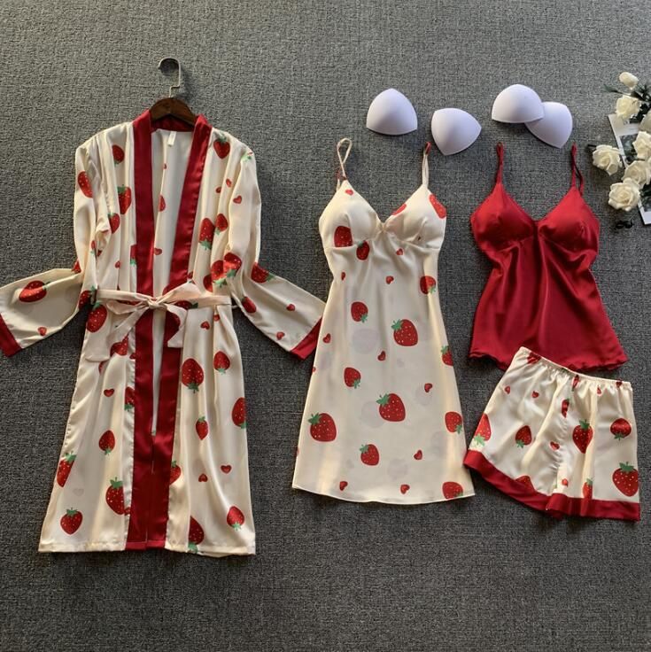 Ženska oblačila velikih velikosti za dom s potiskom, štiridelni komplet modnih in udobnih čipkastih pižam_voghion.com