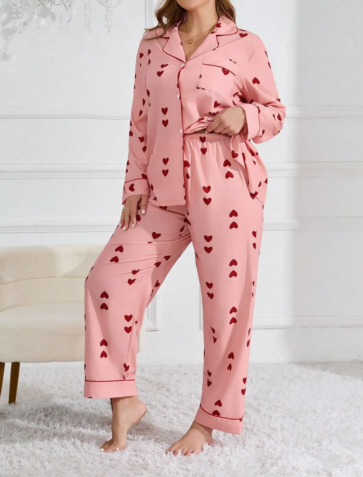 Large pajamas, new waffle style cardigan, long sleeved pants, heart-shaped sweet home suit set, can be worn outside_voghion.com