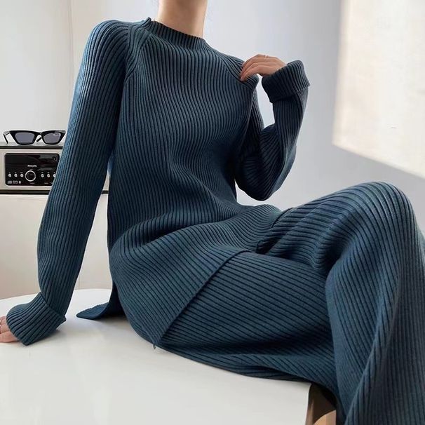 Set aus Strickpullover und Hose mit weitem Bein für Damen – Pullover mit geteiltem Saum und hoch taillierter Hose, minimalistisches Büro- und Freizeitoutfit (Einheitsgröße)_voghion.com