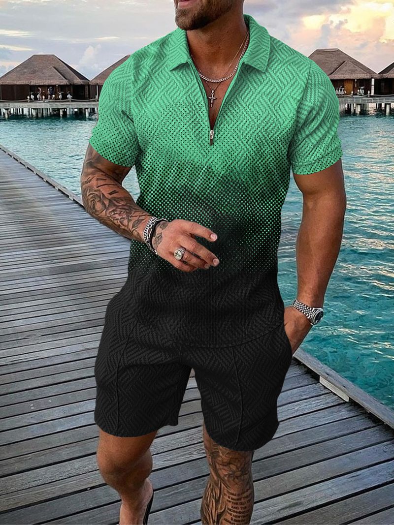 Men's 2pcs, Red Dots Pattern, Trendy Comfy Zip Polo And Plain Drawstring Waistband Shorts Set_voghion.com