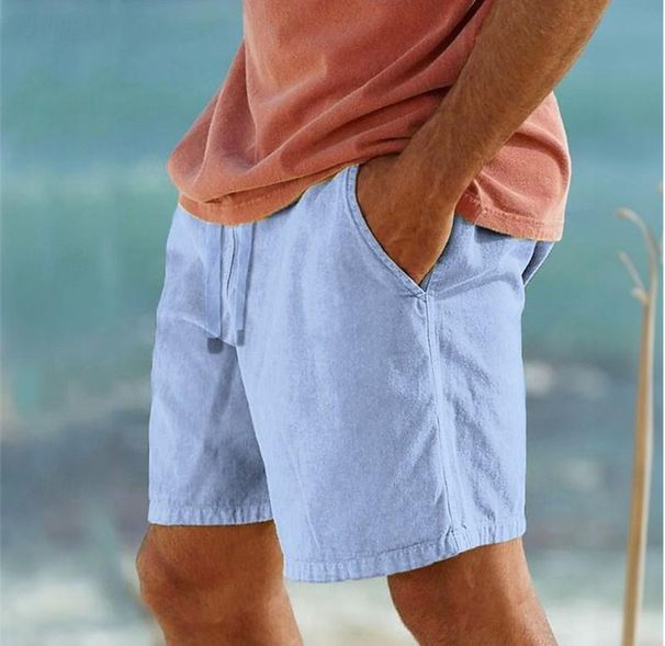 Pantaloncini da spiaggia da uomo corti con coulisse, elastico in vita, comodi e traspiranti, in misto lino e cotone per le vacanze._voghion.com