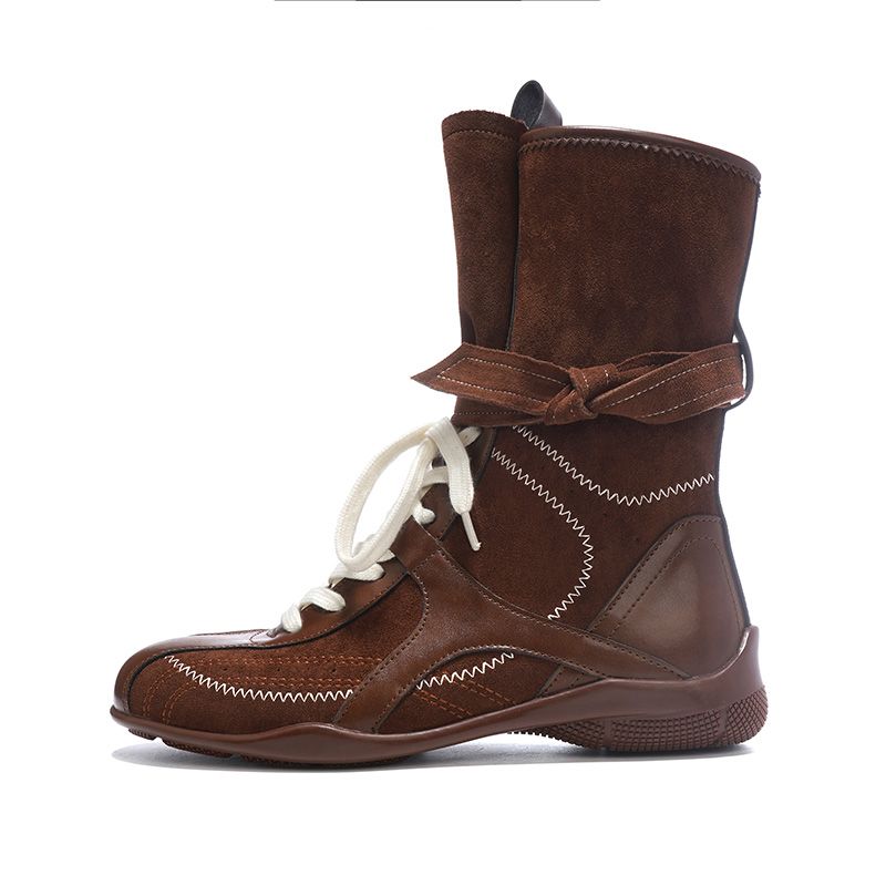 Versão de armário Lan ~ Botas de boxe femininas com cadarço e bloco de cores versáteis, para caça ao pato com aumento de altura_voghion.com