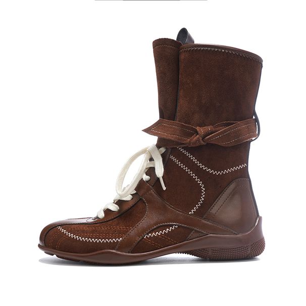 Versão de armário Lan ~ Botas de boxe femininas com cadarço e bloco de cores versáteis, para caça ao pato com aumento de altura_voghion.com