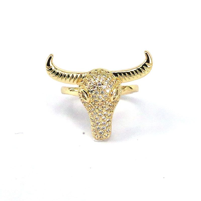 Fashion Personality Micro Paved Zircon Bull Head Open Cuban Hip Hop Bohemian Adjustable Ring_voghion.com