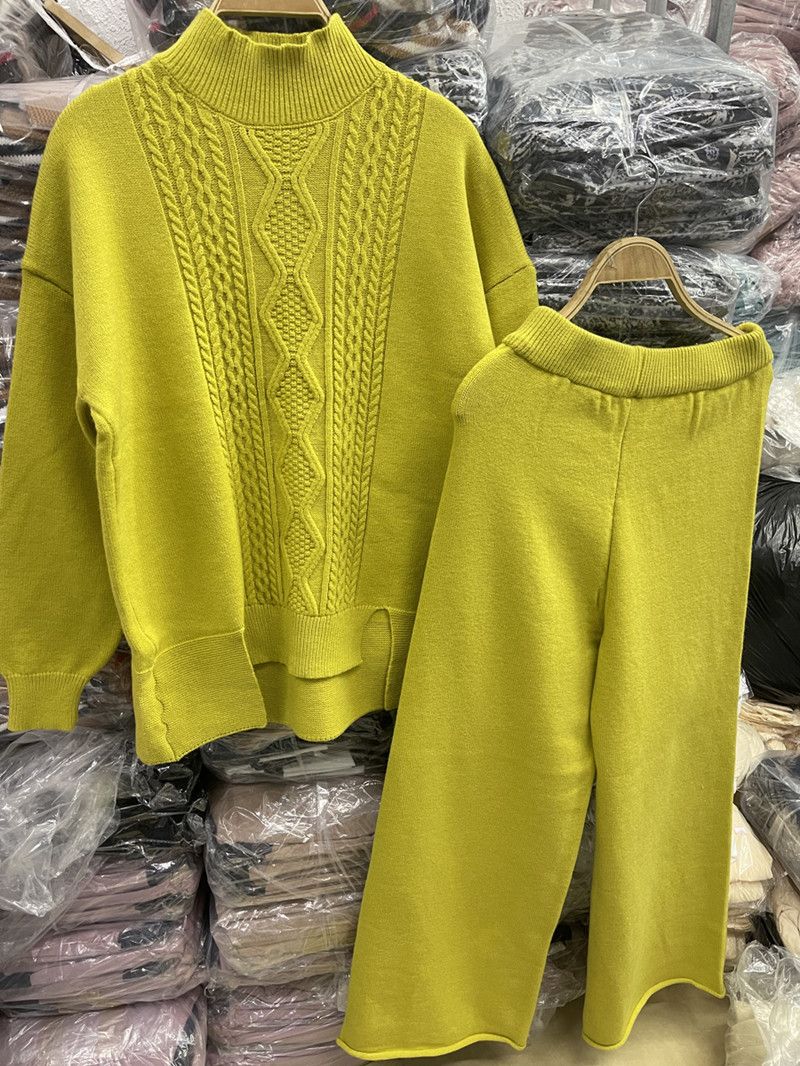 Ensemble deux pièces tricoté jacquard pour femmes, pull épais et chaud à col roulé, ensemble deux pièces_voghion.com