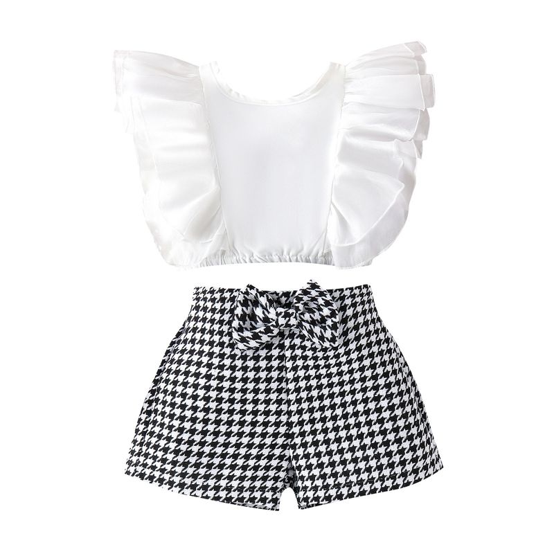 Baby-Kleidung, Sommer-Set für Mädchen, großes Oberteil mit fliegenden Ärmeln + Shorts mit karierter Schleife_voghion.com