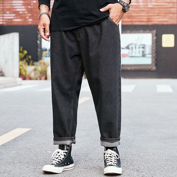 Vyriški drabužiai, plius dydžių, rudens ir žiemos, devynių taškų džinsai, laisvi, tiesūs, plius dydžio, juodos, visos derančios, storų vyrų kelnės._voghion.com