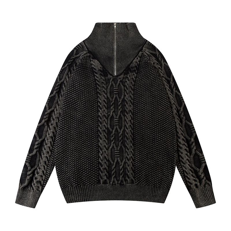 Herrenbekleidung Retro Washed Distressed Rollkragenpullover mit halbem Reißverschluss für Männer Ins Trendy Hip Hop Loose Knit Sweater Top_voghion.com