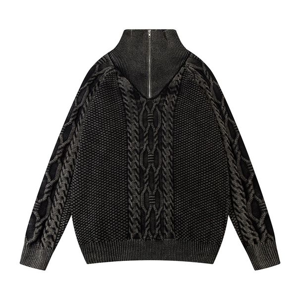 Herrenbekleidung Retro Washed Distressed Rollkragenpullover mit halbem Reißverschluss für Männer Ins Trendy Hip Hop Loose Knit Sweater Top_voghion.com