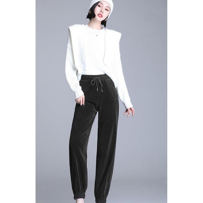Chenier leg tied for women, high waisted autumn women's pants, 2022 new loose casual with velvet striped harem pants_voghion.com