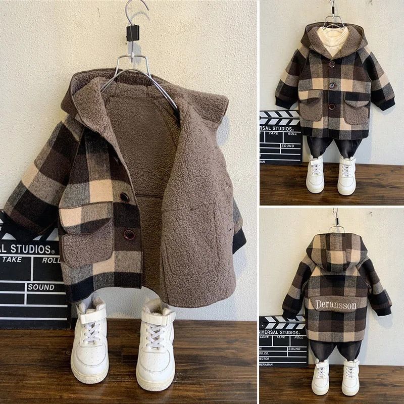 Jungenmantel Herbst/Winter Lammwolle Kindermantel mit Wollverdickung mittellanger Trenchcoat für Kinder_voghion.com