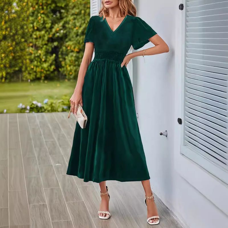 2024 Neue V-Taille Swing Lange Mode Gestrickte Kurzarm Kleid Methode_voghion.com