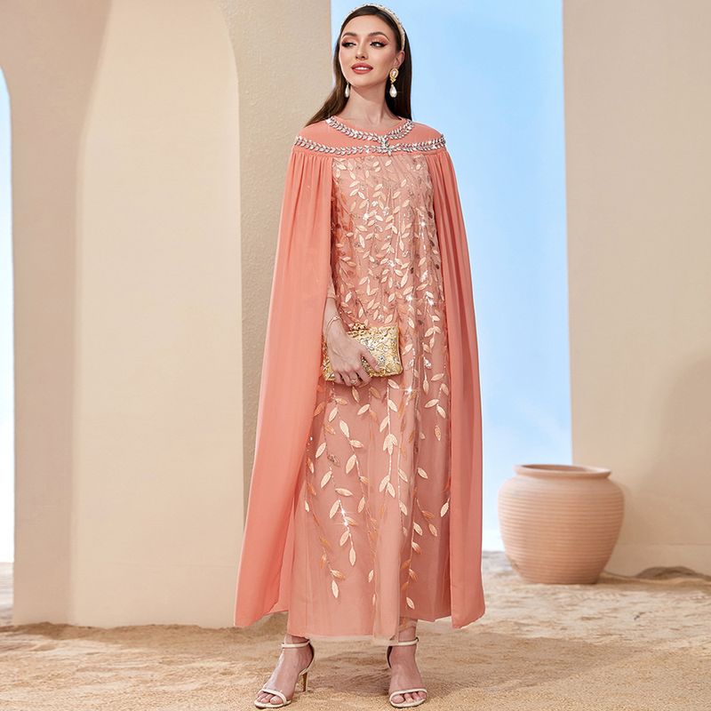 Women’s Clothing orange pink leaf mesh embroidery fashion cloak two piece dress lady long skirt_voghion.com