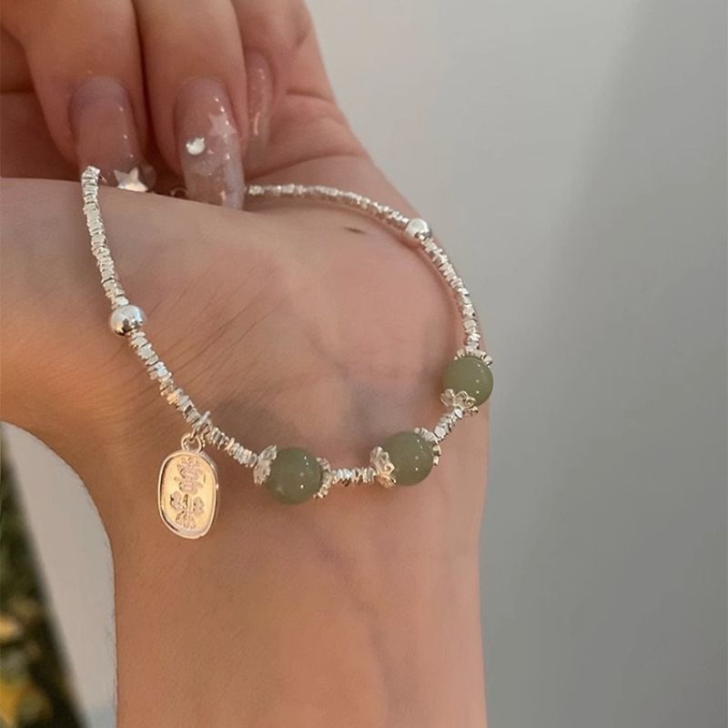 Bracciale in argento puro con frammenti di giada per donna, stile cinese di nicchia, pace e gioia, versatile e di alta qualità_voghion.com