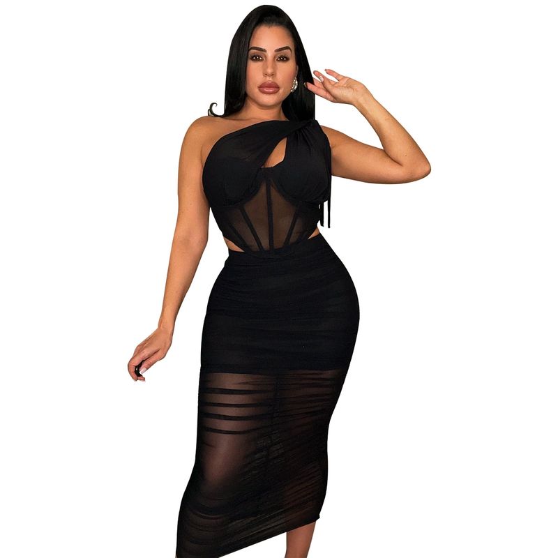 Abbigliamento da donna. Completo gonna a due pezzi monopezzo trasparente in rete sexy_voghion.com