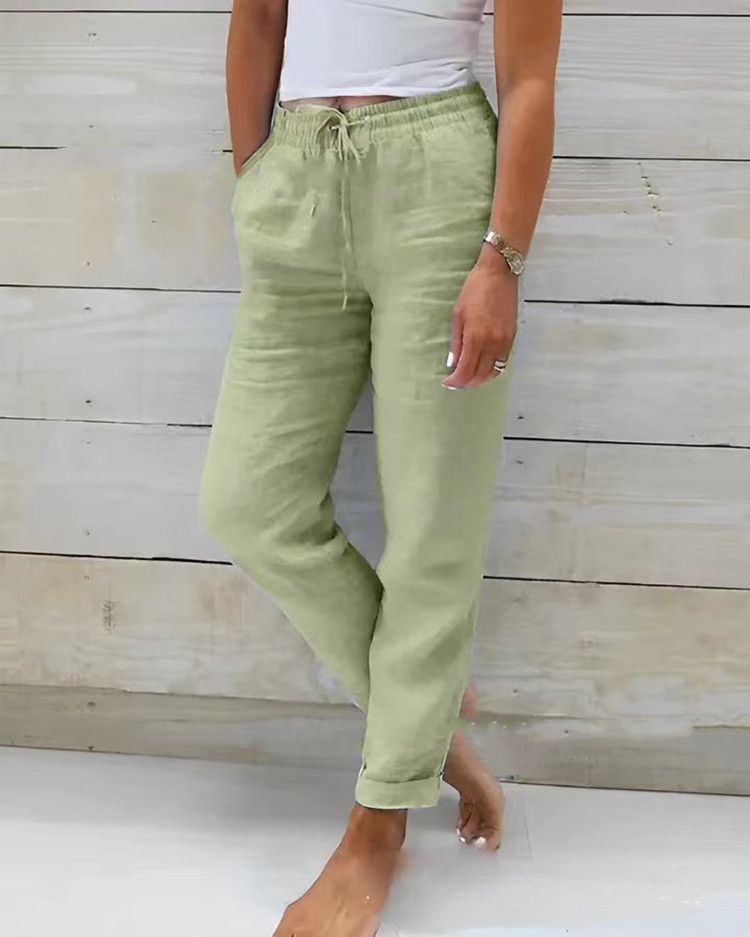 Pantaloni casual in cotone e lino tinta unita con elastico in vita e vita alta da donna_voghion.com
