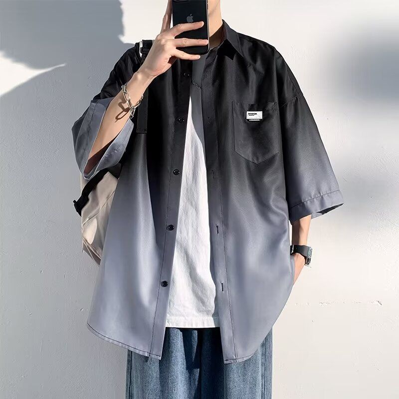​​"Kurzarmhemd mit Farbverlauf für Herren - Locker sitzendes, lässiges Oberteil mit V-Ausschnitt, atmungsaktive Baumwollmischung für Sommer und Streetwear"​​_voghion.com